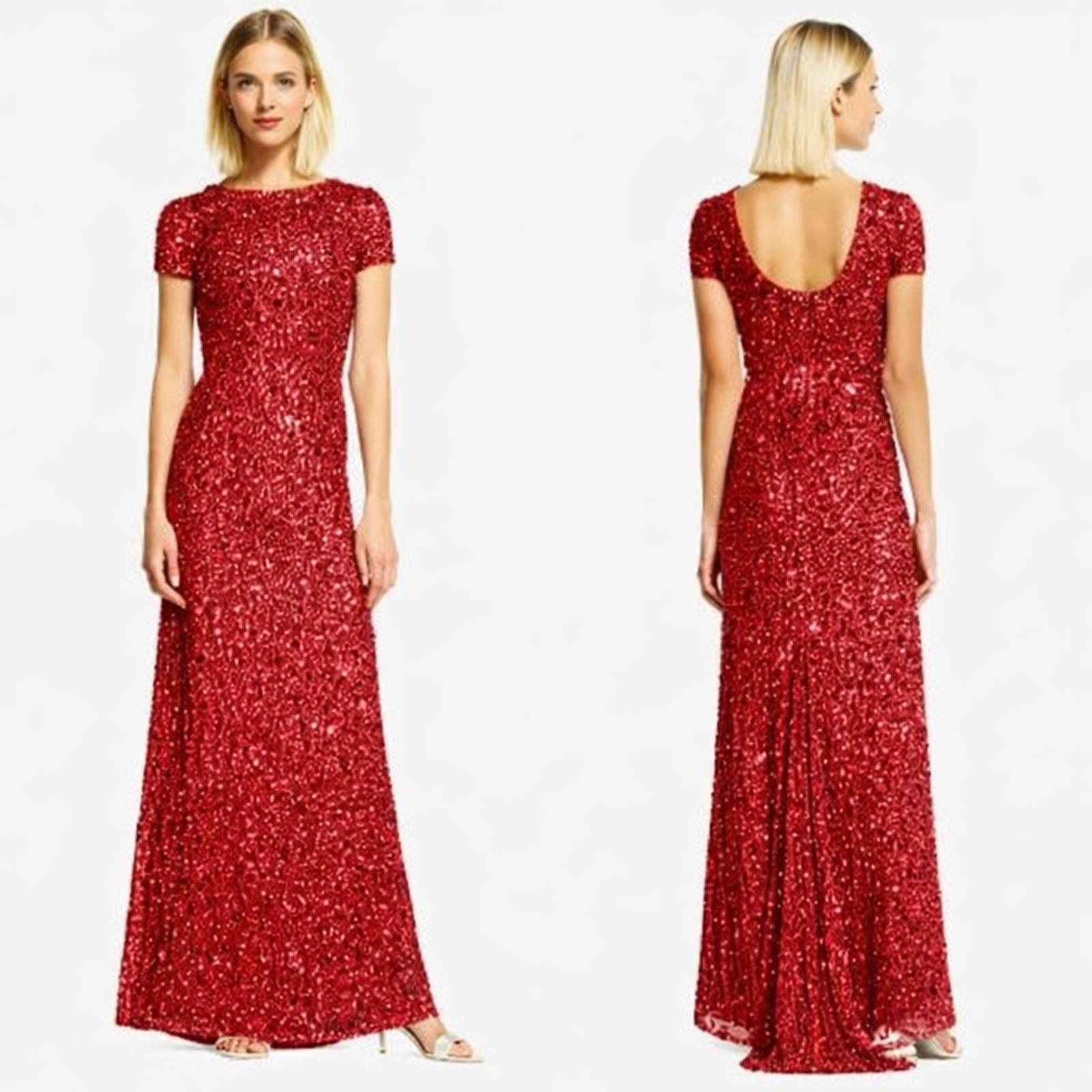 Adriana Papell Short Sleeve Scoop Back Sequin Mesh Red Evening Gown Nwt Size 4